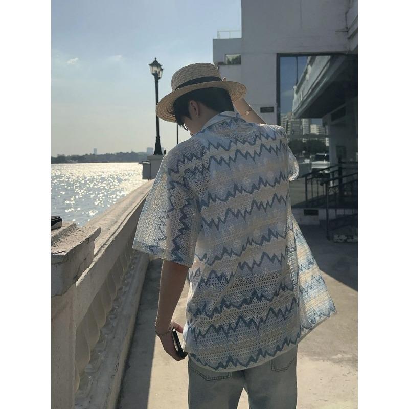 Men Summer Geometric Print Cuban Collar Shirt
