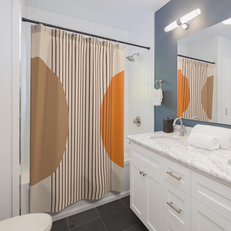Mid-Century Modern Boho Shower Curtain - Geometric Abstract Art, Home & Bathroom Decor, Cottagecore Style