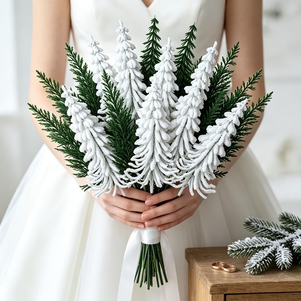 15pcs Set New Style - Artificial Christmas Pine Branch Bouquet | White and Green Flocked Pine Branches, Nordic Winter Holiday Ornament