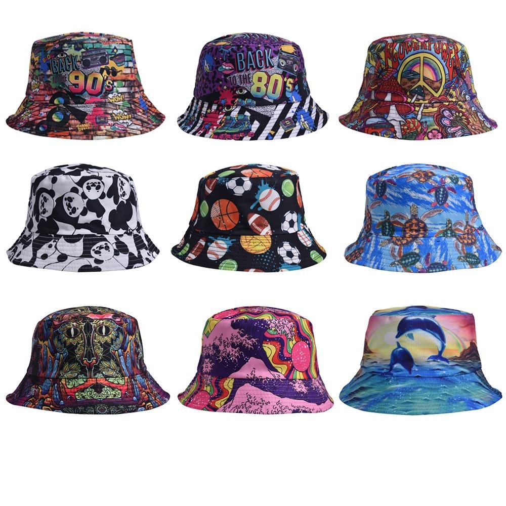 80s 90s Beach Fishing Hat Double-side Print Cap Retro Reversible Fisherman Hat  Men Women