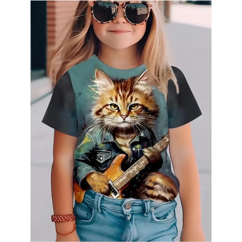 Three Little Flower Cats 3D Digital Print Round Neck Short Sleeve T-Shirt for Boys and Girls, Breathable and Comfortable M029