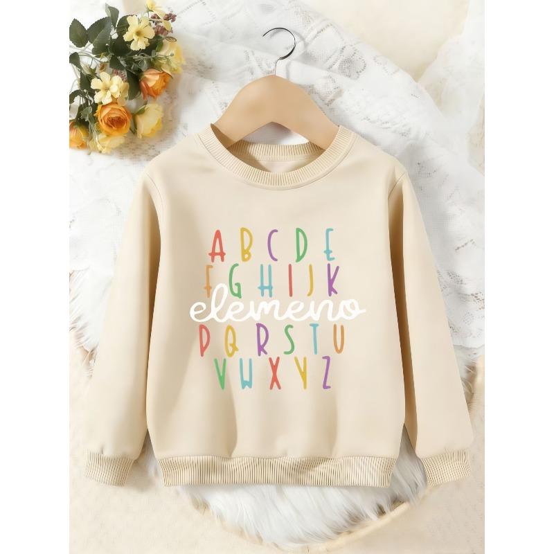 Unisex Kids Crewneck Sweatshirt, Colorful Alphabet Elemeno Letter Print Pullover, Boys Girls Educational Casual Sweatshirt For Kids Over 4 Years Old