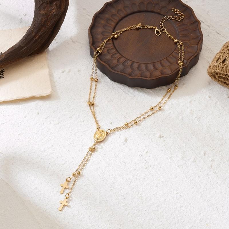 Heilige Mutter Kruzifix Anhänger An Y-förmiger Doppellagiger Kettenhalskette Legierung Schmuck Für Stilvolles Und Bedeutsames Tragen