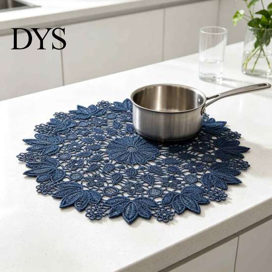 Tea Tray Mats Round Lace Doily, Dark Blue Floral Placemat, Embroidered Table Fabric Doilies Mat, Heat-resistant for Home Decoration Covers