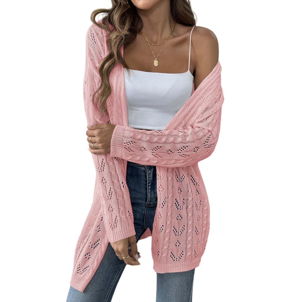 Dámský pletený kardigan s dlouhým rukávem, jednobarevný, střední délky, svetr