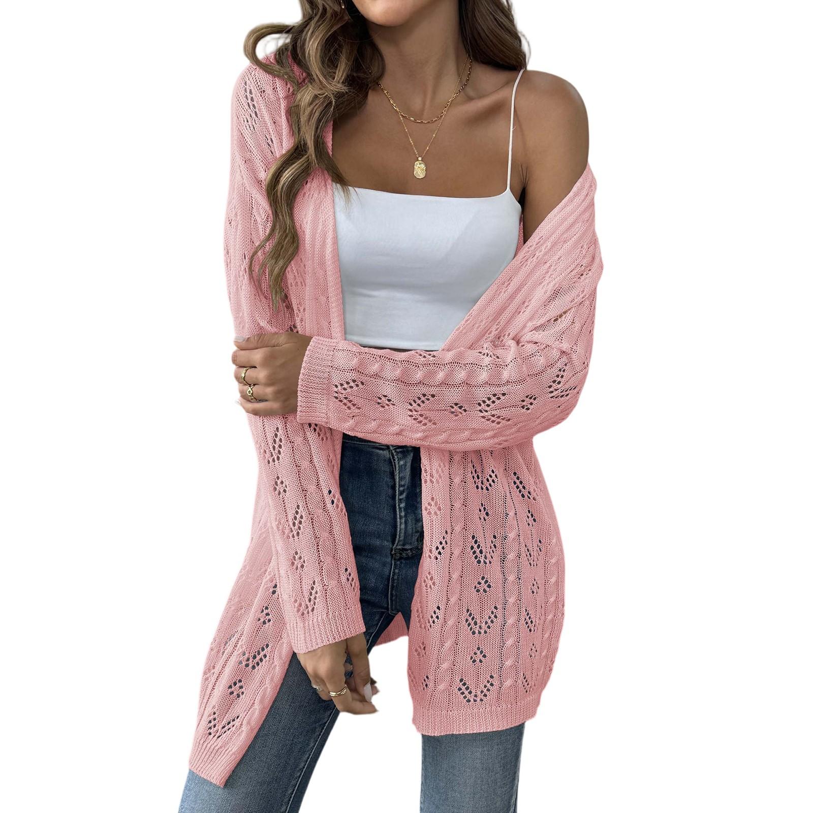 

Женский вязаный кардиган средней длины однотонный с длинным рукавом куртка свитер вязаный свитер One Size розовый