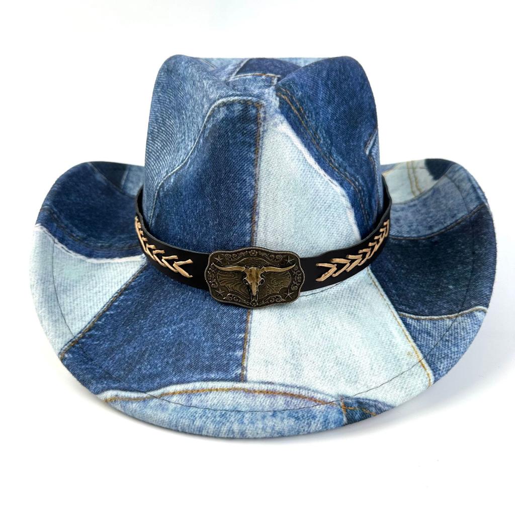 Retro Denim Splicing Top Hat Ethnic Style High-End Jazz Hat Sunshade Sunscreen Hat Tide