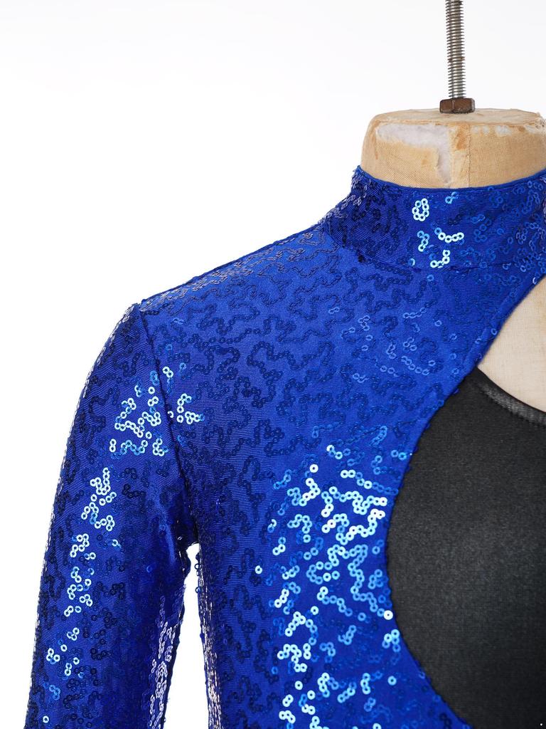 Dziewczęca Błyszcząca Sukienka Taneczna z Cekinami Asymetryczny Rękaw Kontrastowa Tiulowa Spódnica Styl Leotardu Strój na Występy