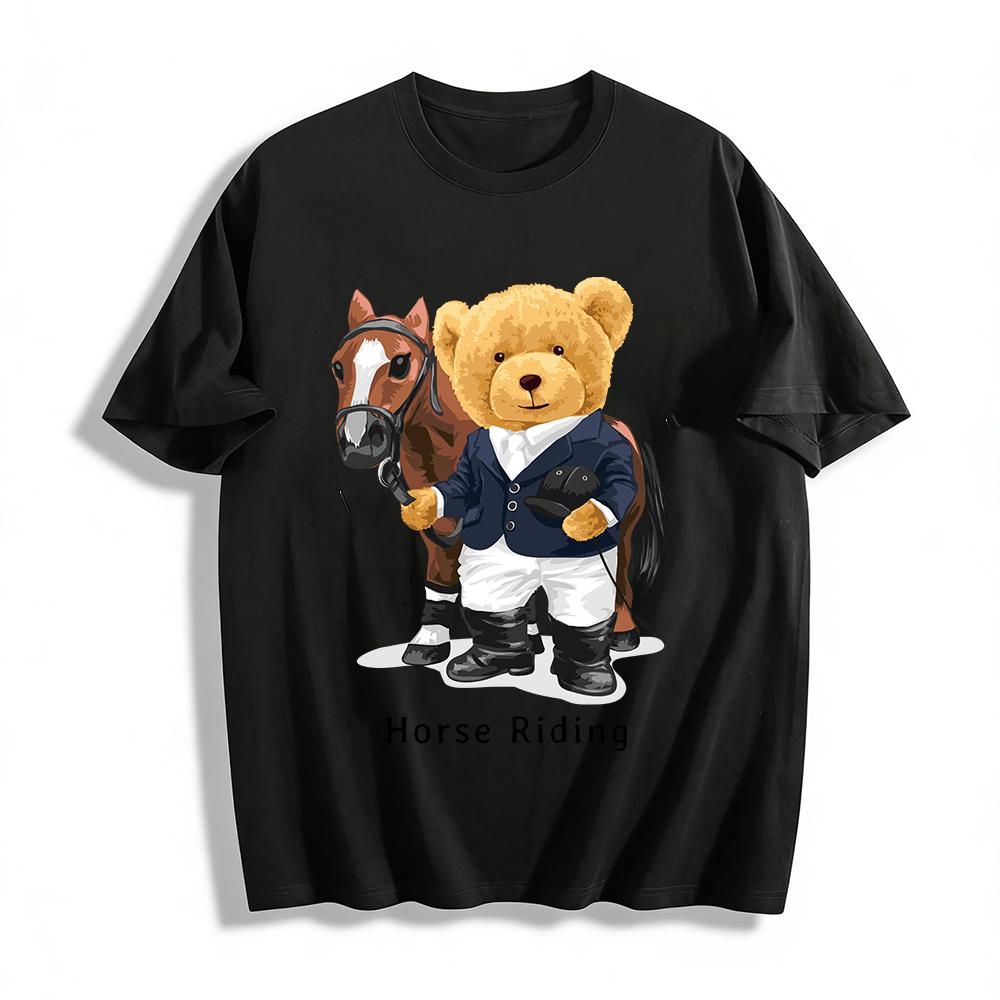 

Cute Bear Horse Riding Themed Casual Printed Top Pure cotton T-shirt XXS