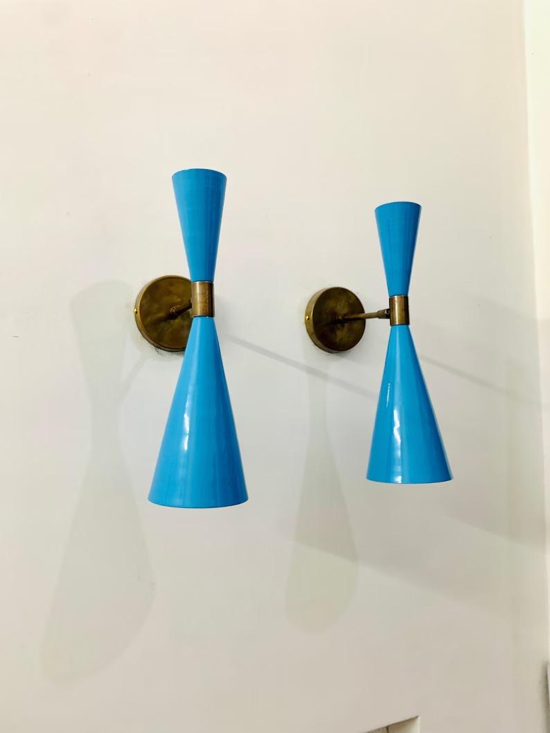 

Mid Century Italian Brass Wall Lamp: Blue Sconce Lighting (Set of Two) синій
