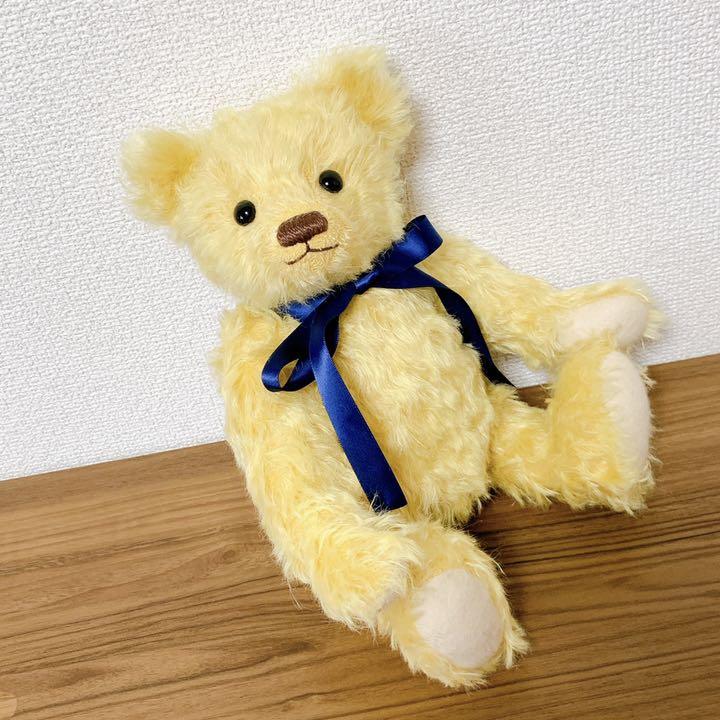 

[USED] Handmade teddy bear, 32cm, gold yellow and cream, navy ribbon