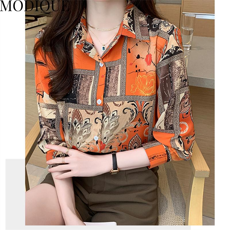 MODIQUE Jaro Léto Nadměrné velikosti Dámské Volné Elegantní Bavlněné Hedvábné Květinový Vzor Halenky Košile Dámská Móda Oversized Výstřih do V Dlouhý Rukáv Kabáty
