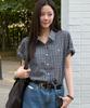 OURHOPE Seersucker Check Neckline Shirt - Navy