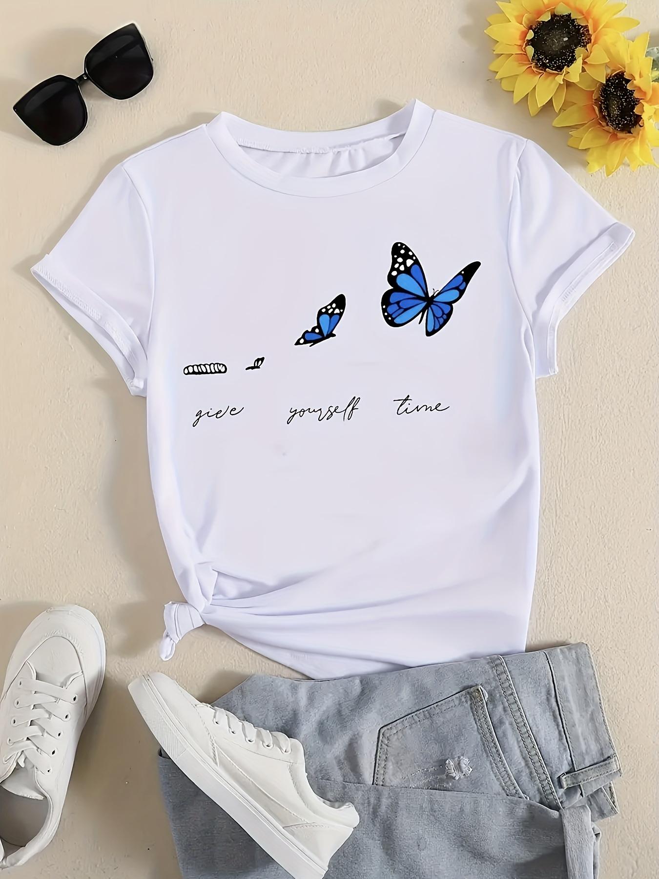 WomenS Soft Stretchy Sleeve Crew Neck with Vibrant Blue Butterfly Print Give You All Summer Sleeved Harajuku Streetwear S