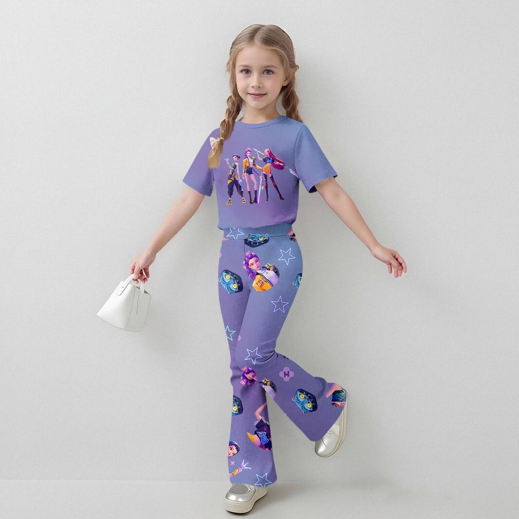 Children's Summer Sports T-Shirt And Bell-Bottom Pants Two-Piece Athletic Set Short Printed Clothing Set