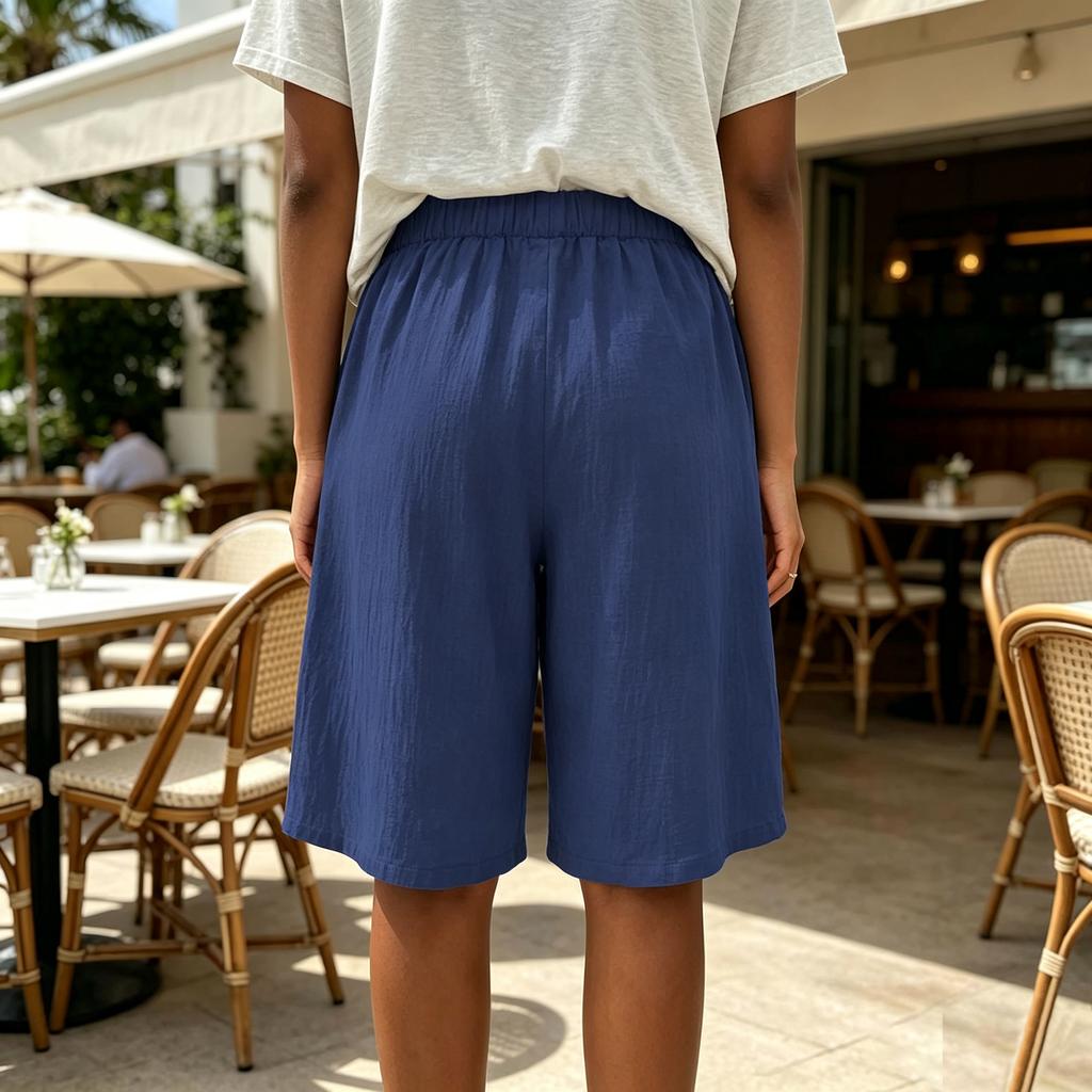 Women's Casual Loose Fit Color Mid-Length Shorts with Elastic Waistband and Button Pockets