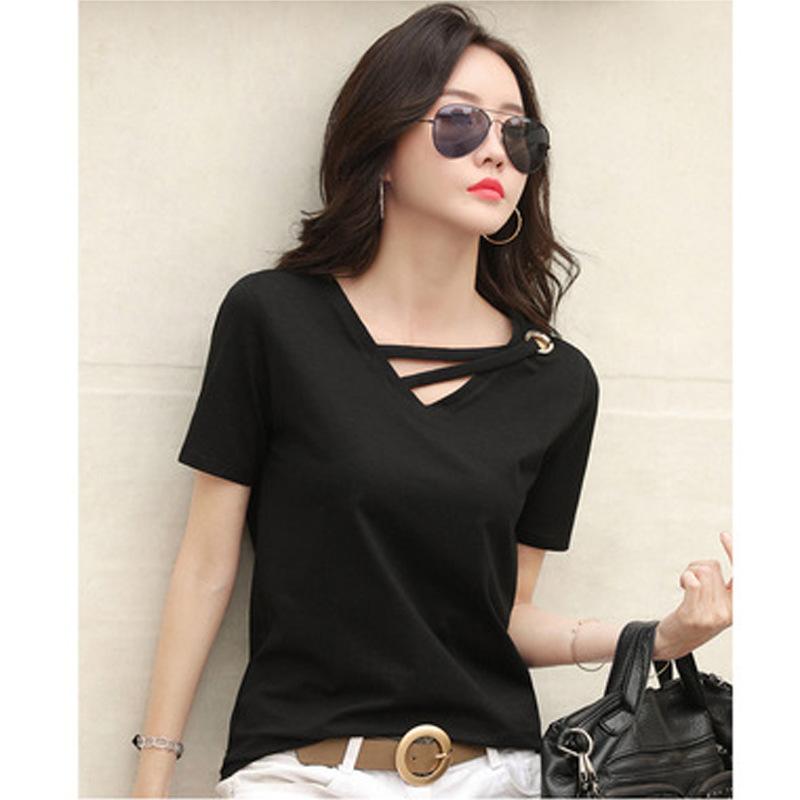 Women's Summer V-neck Design Short-sleeved T-shirt Solid Color Personality Loose Casual Tops