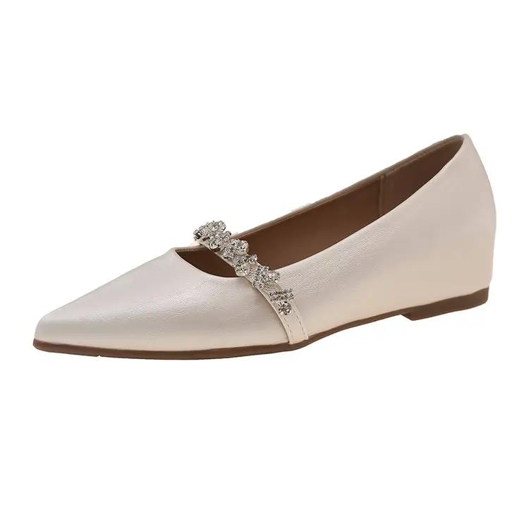 Single Shoes Women's New Summer New Shallow Mouth Gentle Retro Rhinestone with Skirt Heightened Pointed Toe Small Leather Shoes