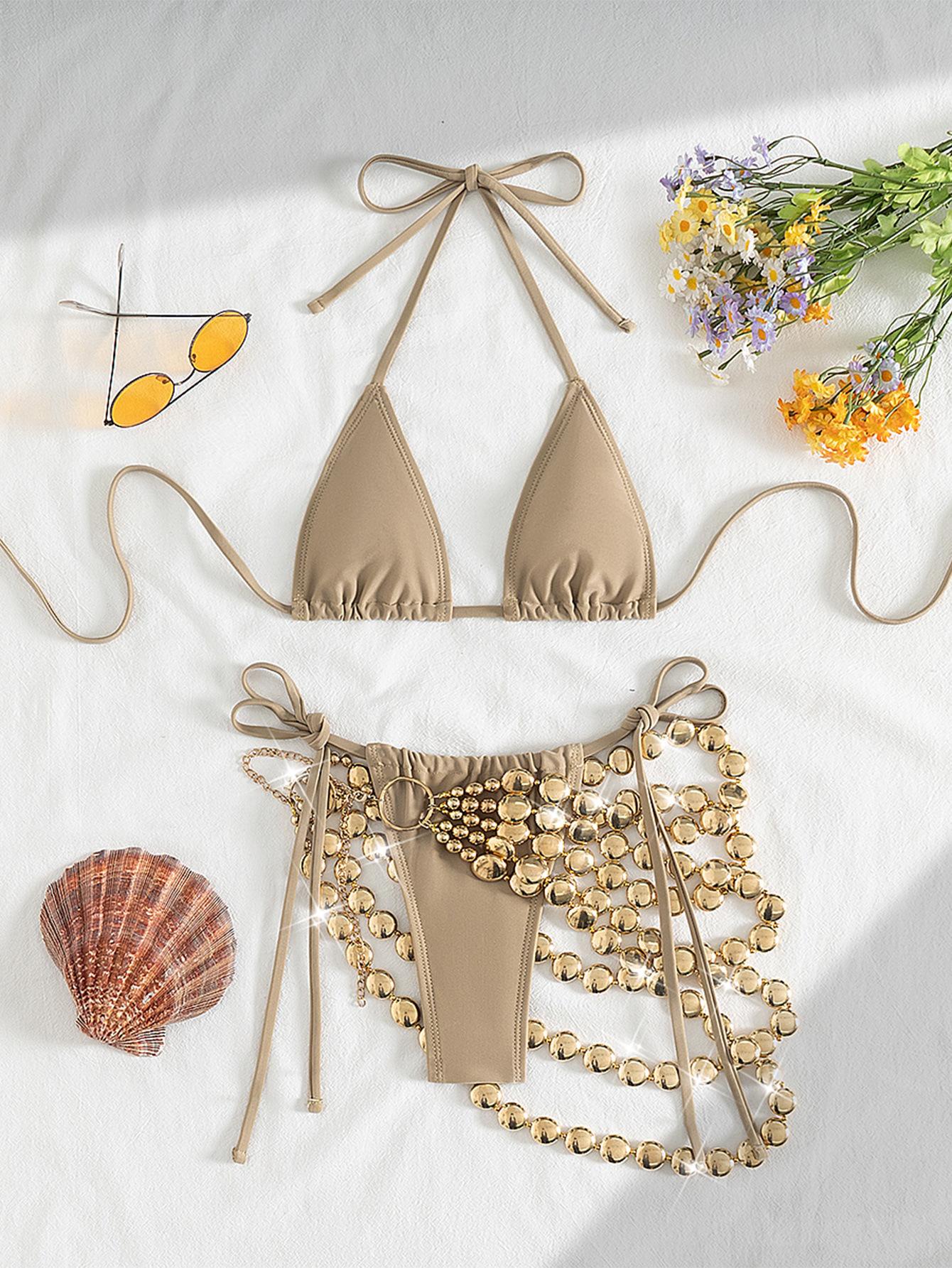 

New Khaki Bikini Set 2025 Women Hollow Out Chain Skirt 3 Piece Swimsuit Beach Bathing Suit Push Up Holiday Swimwear Biquini S