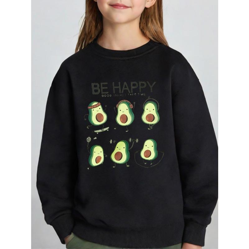 Kids Unisex Crewneck Sweatshirt, Cartoon Sport Avocado "BE HAPPY" Letter Print Long Sleeve Pullover, Kids Sweatshirt For Boys Girls Over 4 Years Old