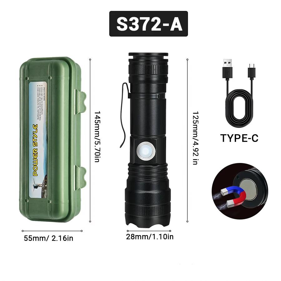 High Power LED Flashlight with Side Light Built-in 18650 Battery Telescopic Zoom Portable Torch Outdoor Riding Camping Lantern