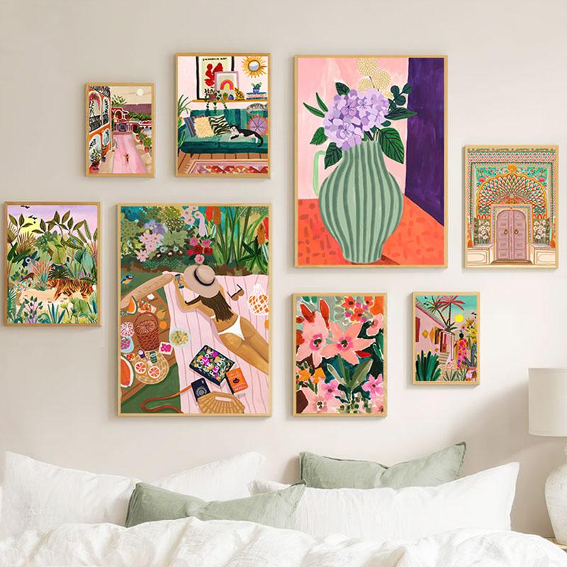 Modern Girl Vase Flower Abstract Illustration Poster Kraft Club Bar Vintage Posters Wall Art Canvas Painting Bedroom Study Decor