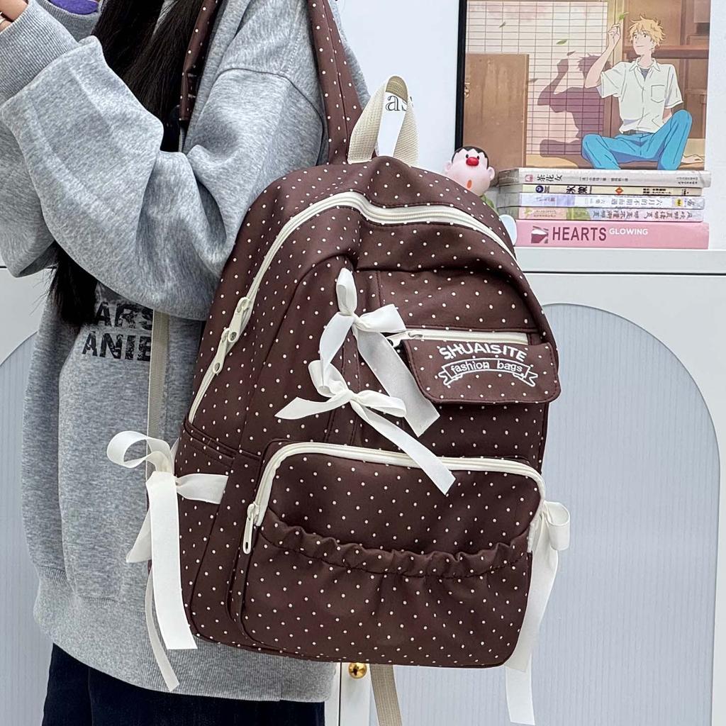 Schoolbag Schoolbag Junior High School High School Girls Ins High Value Large Capacity Backpack Cute Polka Dot Bow Student Backpack
