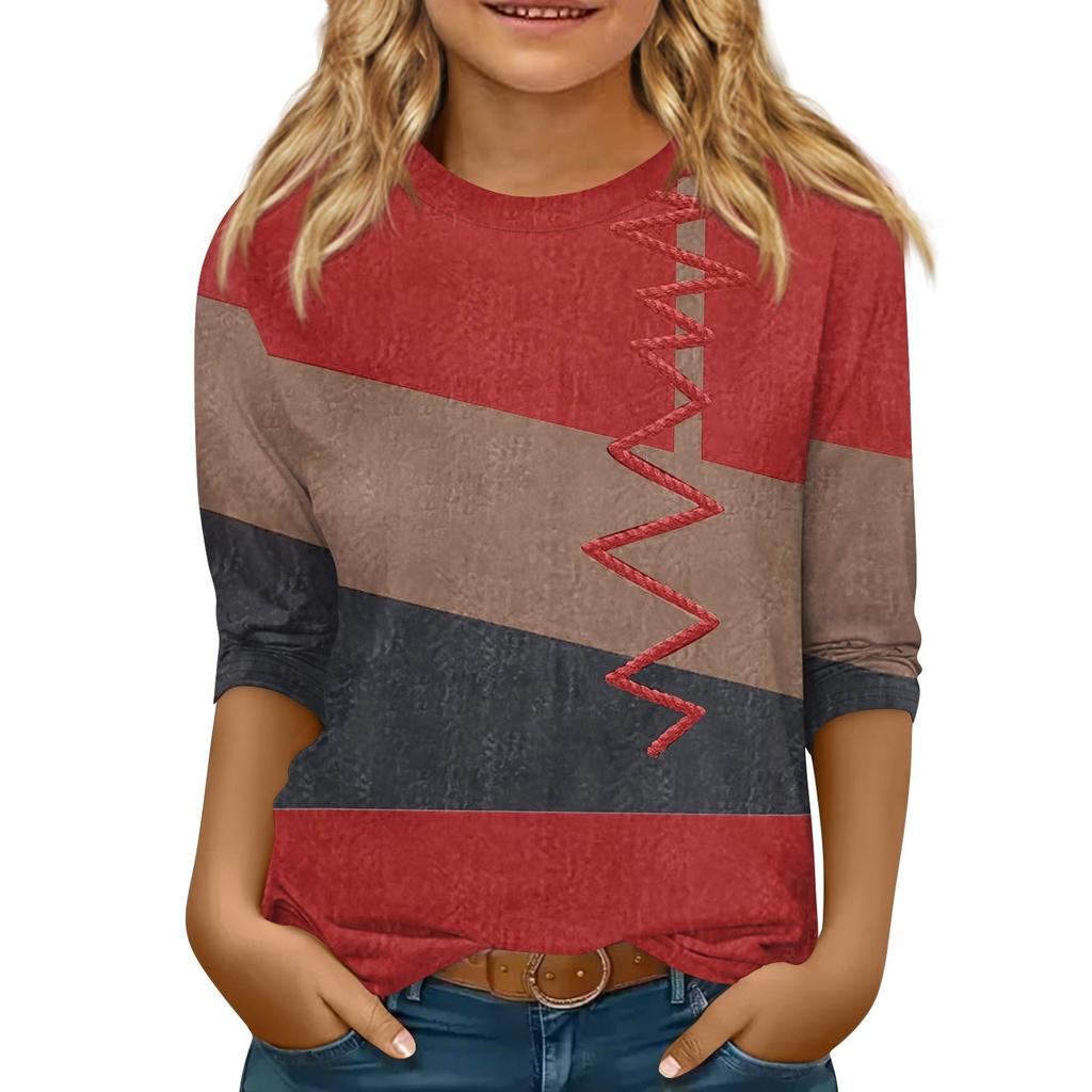 Children's 3/4 Sleeve Tops Casual  Print T Shirt Round Neck Pullover Blouse