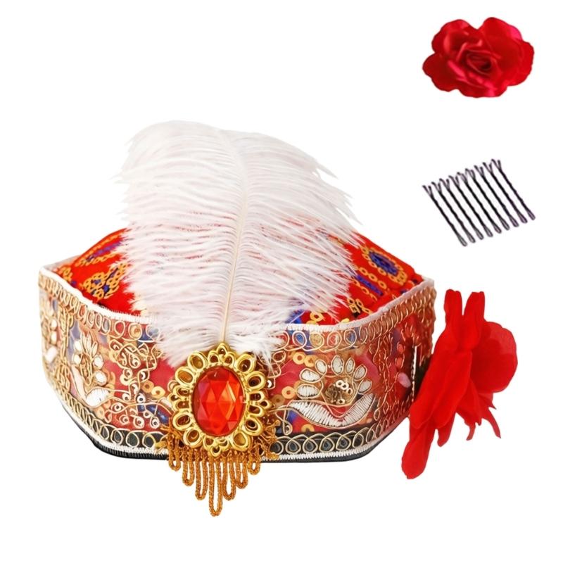 Elegant Ethnic Dance Event Hat With Feathered And Sequins For Women Stage Performances Folk Dance Costume Accessories
