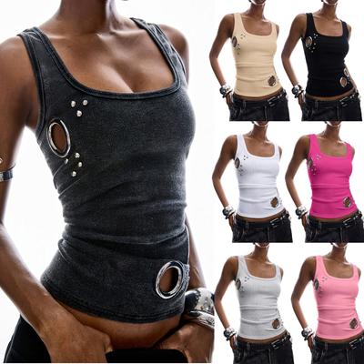 Women Sleeveless Tank Top Pullover Ribbed Knit Casual Summer Vest with Metal Ring Studded Detail Slim Fit