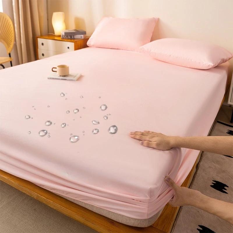 Soild Color Waterproof Fit Sheet with Elastic Band Non Slip Adjustable Mattress Cover for Double King Queen Bed 90/120/150/180/200cm