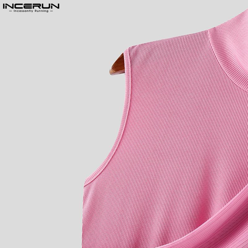 INCERUN Summer Men High Neck Sleeveless Front Cross Rib Skinny Tank Tops T-shirts