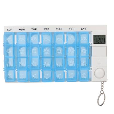 28 Fächer Wöchentlich Tragbare Medizin Tabletten Pillen Süßigkeiten Aufbewahrungsbox Organizer Etui mit Erinnerung Blau