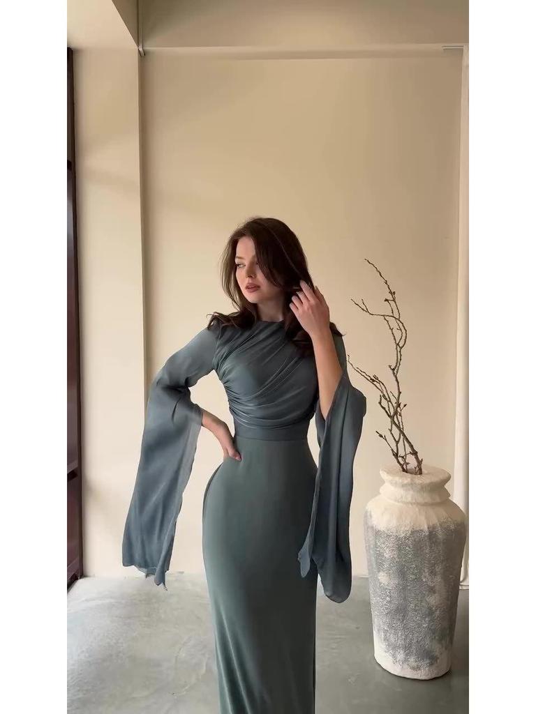 2024 Summer Patchwork Tulle Long Satin Slimming Dress with Large Sleeves