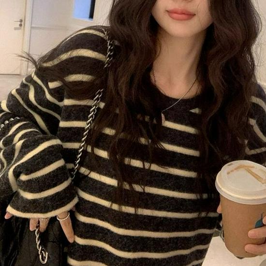 Women's Japanese Style Striped Long Sleeve Base Layer T-Shirt - Slimming, Brushed, Loose Fit for Spring, Autumn, Winter