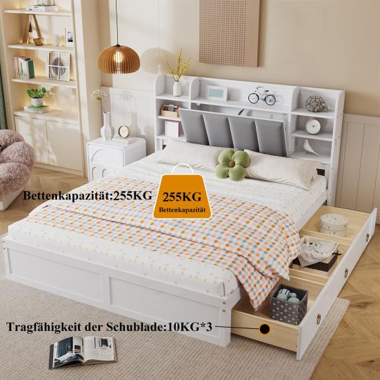 Modular Bed Double Bed, Open Shelf, Three Drawers with Castors, Metal Adult Handles, Storage Compartment Drop-Down Door, Pine Frame Soft