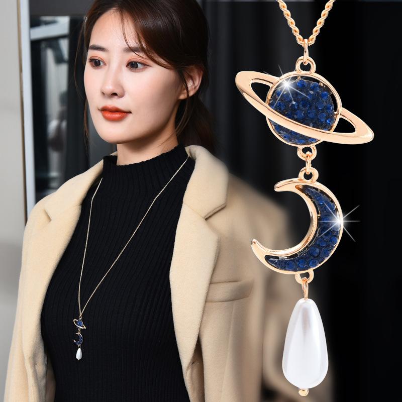 Cold Wind Sweater Chain Star And Moon Cherish Pearl Water Drop Long Necklace Women'S Accessories