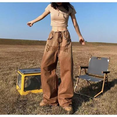 Damen American Retro Gradient Jeans: Große Größe, schmal, weites Bein, Schnittkanten-Design für Frühling und Herbst