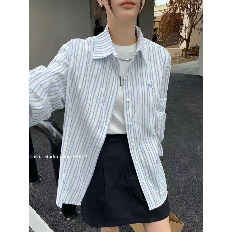 Womens Blue White Striped Bow Embroidered Long Sleeve Button Down Shirt S