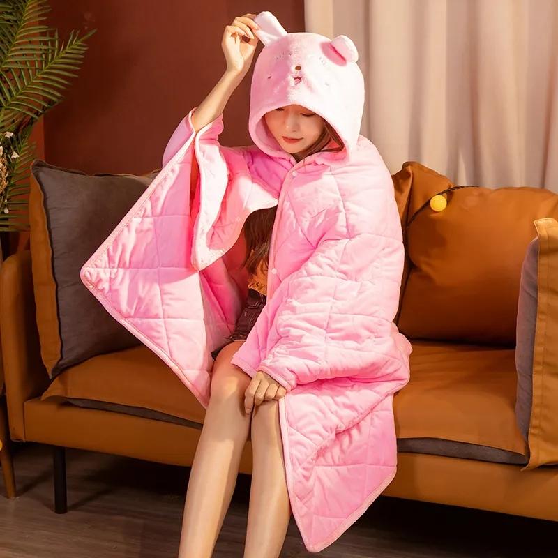 Cute Cartoon Office Cloak Shawl Nap Quilt Winter Home Lunch Break Thick Hooded Cloak Shawl Quilt Button Cloak Quilt