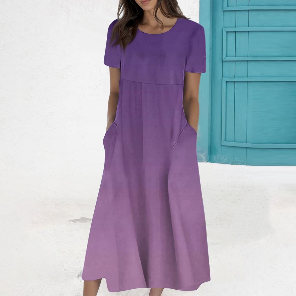 Rochie de buzunar cu mânecă scurtă, cu gât rotund, imprimată la modă ocazională de vară