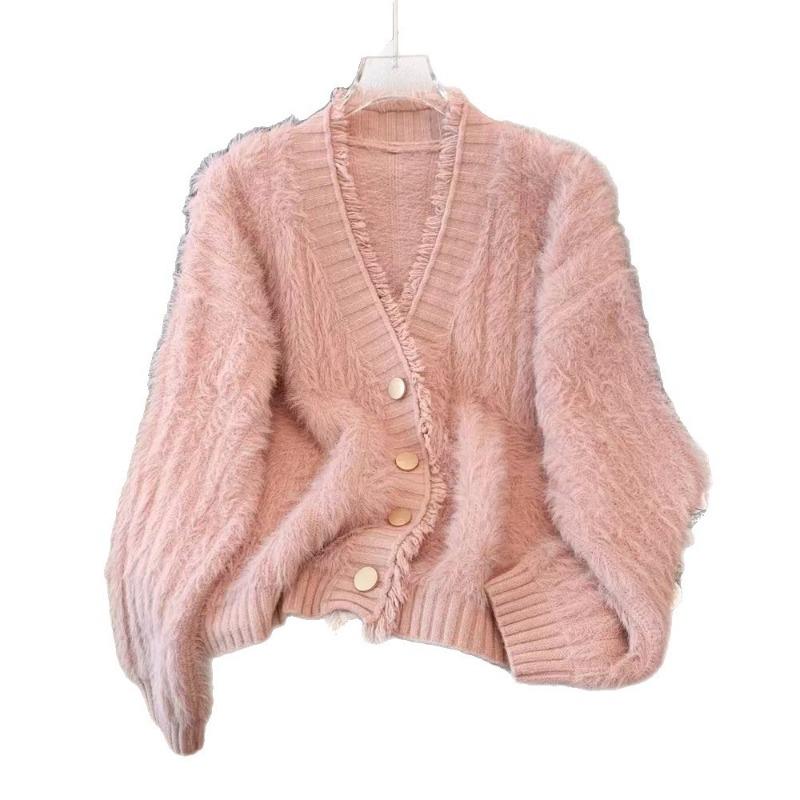 Small fresh fringed v-neck sweater jacket women's autumn and winter thickened warm soft ufu imitation mink knitted cardigan top