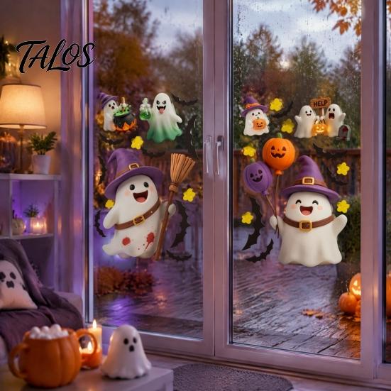 Holiday Party Supplies 2Pcs Cute Ghost Halloween Static Window Stickers, PVC Waterproof Cartoon Pumpkin Bat And No Glue Glass Adhesives Star