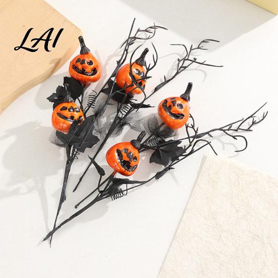 Spooky Halloween Home Decor Artificial Pumpkin Stems Black Branch with Maple Leaves Fake Vase Centerpiece Gothic Floral Arrangement for Vase Indoor