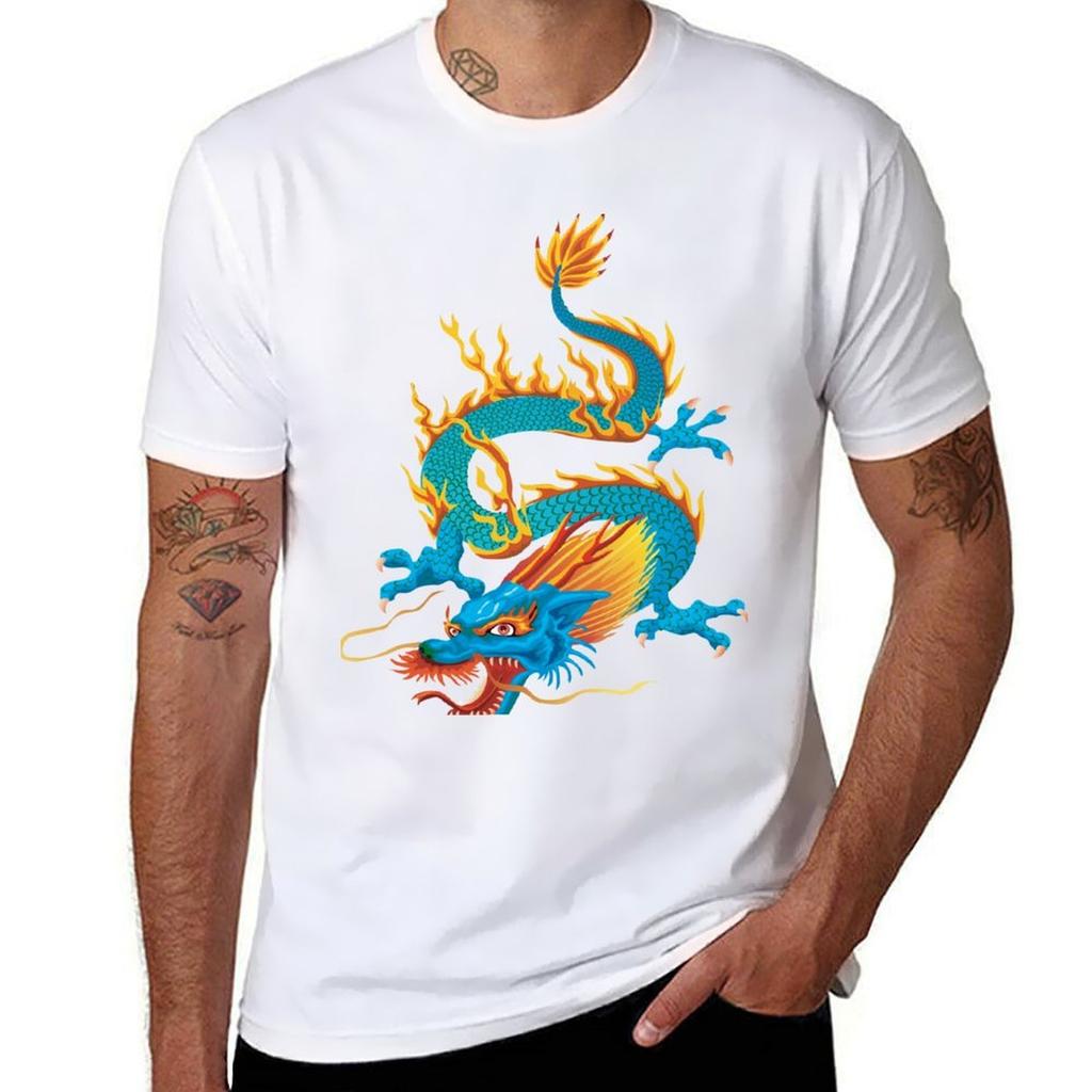 Blueyellow Oriental Dragon TShirt Big Size Short Sleeve Casual Top