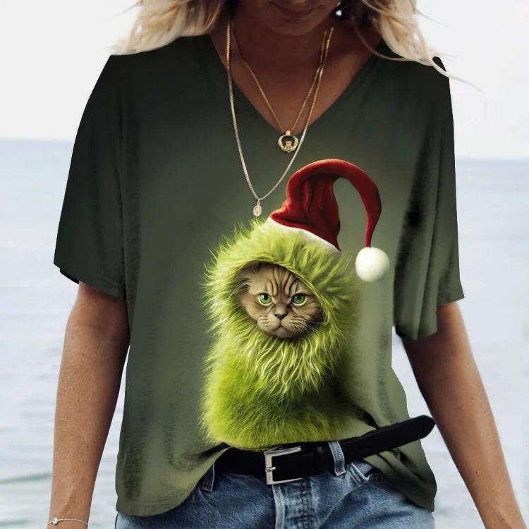 Women's Kawaii Cat Print 3D T Shirt Short Sleeve V Neck Tees Casual Holiday Top Female T Shirt