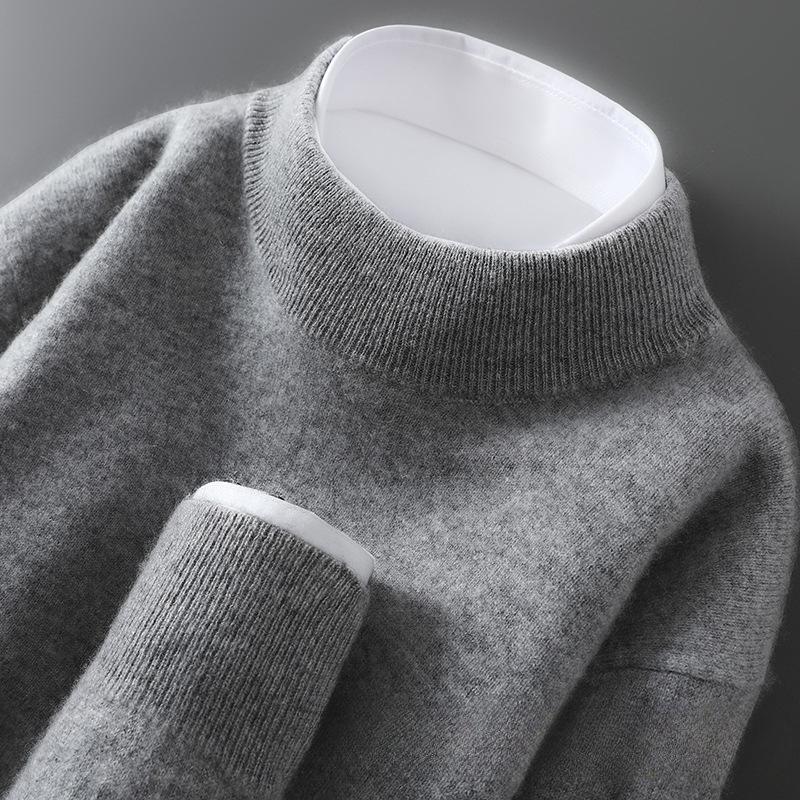 Men's Pure Wool Cashmere Knit Pullover - Autumn/Winter Half-High Neck Sweater