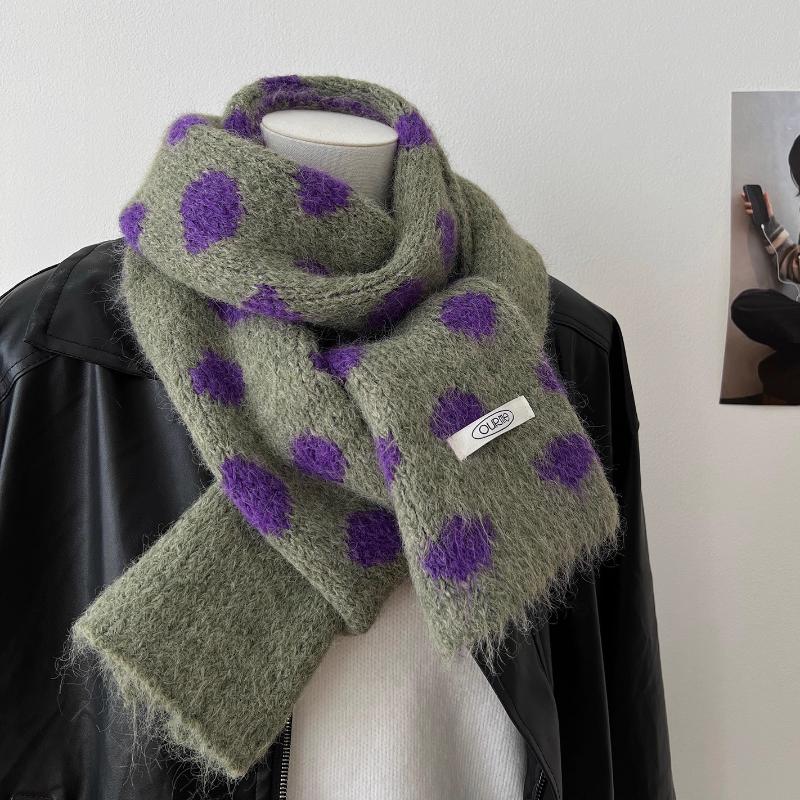 Korean Style Polka Dot Plush Knitted Scarf Soft Thick Color-Block Scarf Thermal Windproof Neck Warmer Scarves