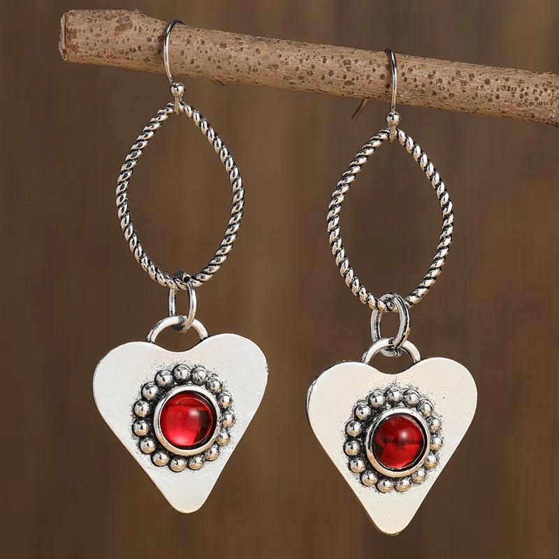 Vintage Gorgeous Heart-shaped Red Stone Pendant Earrings Women's Holiday Party Silvery Plated Retro Jewelry Accessories