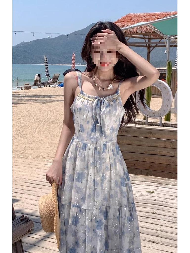 Elegant French Style Floral Spaghetti Strap Long Dress - Summer Slimming Resort Wear